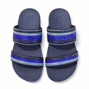 FitFlop Rosa Crystal Mosaic Slide Sandal Aurora BlueRhinestone Double Strap Sz 8